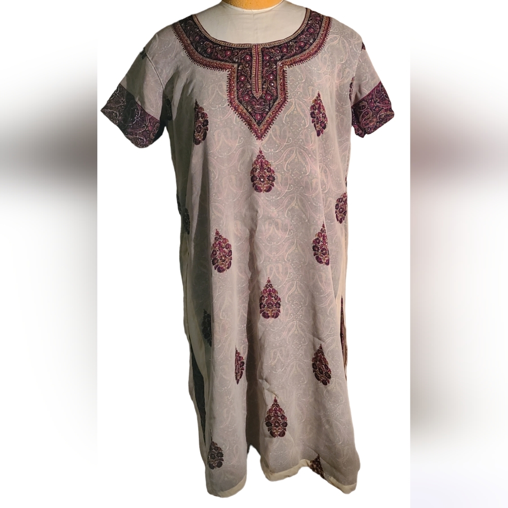 Paisley Boho Hippie Swim Beach Tunic Coverup Katan Dress Tan Sz M